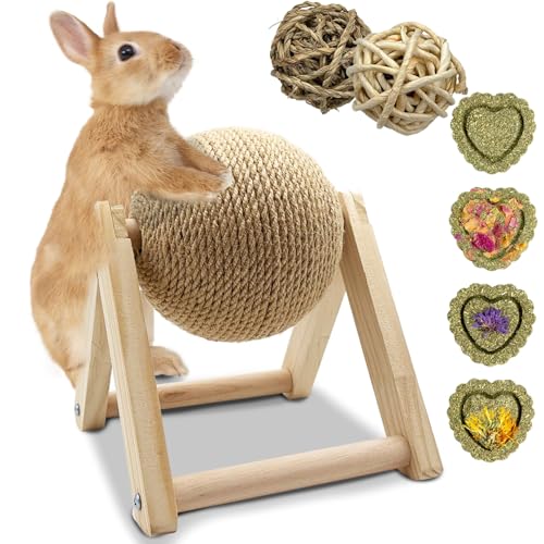 Niwaes Bunny Scratch Toy-Rabbit Toys for Bunny Claw Scratcher, Natural Sisal Pet Scratching Activity Ball, Wooden Small Animals Boredom Breaker for Indoor Ferrets Chinchillas (Small) - Small