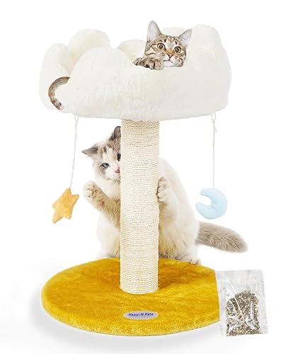 Happi N Pets Cloud Cat Scratching Post with Bed, Cat Tree Tower for Indoor Cats, Natural Sisal Cat Scratcher with Soft Perch for Kitten & Adult Cats, Small Cat Tower with Toys, Cat Activity Tree - 22"