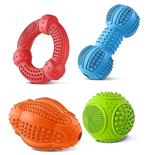 Dog Chew Toys 4 Pack, Dog Toys for Aggressive Chewers Small Medium Large Breed, Multifunctional Teeth Cleaning and Gum Massage, Tough Dog Toys with Natural Rubber for Puppy and Medium Large Dog - FourColors