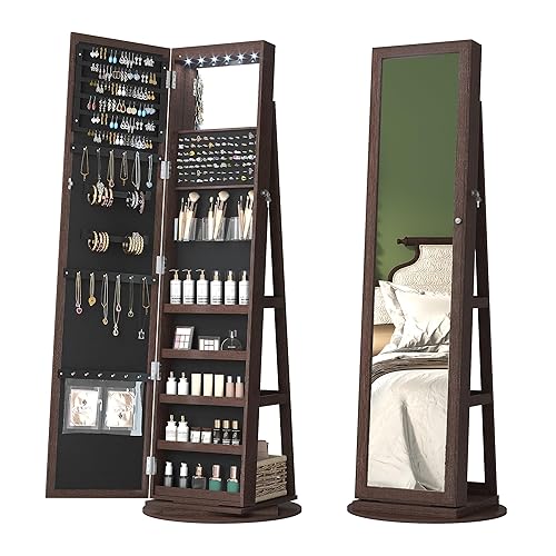 LVSOMT LED Mirror Jewelry Cabinet Standing, 360° Swivel Jewelry Organizers and Storage, Farmhouse Mirror with Jewelry Storage, Lighted Jewelry Armoire with Full Length Mirror with Shelf (Dark Brown) - A-Dark Brown
