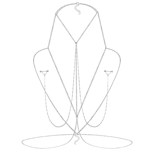 JFORYOU Nipple Rings with Body Chain Waist Chest Chain 14G Nipple Piercing Barbell Nipplerings Body Piercing Jewelry for Women - B1