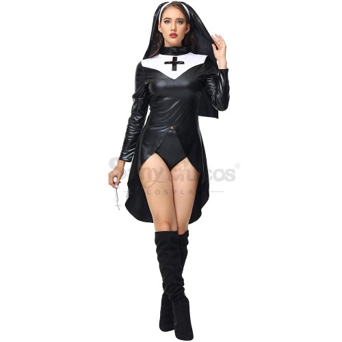 【In Stock】Halloween Cosplay Nun Leather Suit Cosplay Costume - S