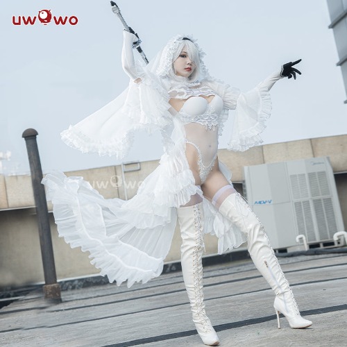 Uwowo Nier: Automata 2B White Wedding Dress Bride Cosplay Costume - 【In Stock】S