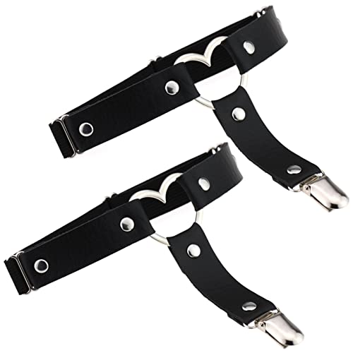 Adove Women Adjustable Leather Thigh Garter, Heart Shaped Leg Garter with Clips Punk Goth Garters for Thigh high Socks - 2p Black Heart Shaped