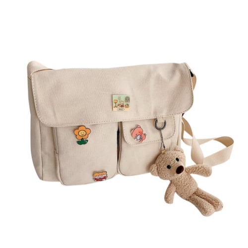 Canvas Crossbody Shoulder Messenger Schoolbag - A02-beige-khaki Bear
