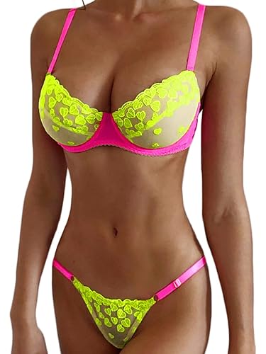 Kaei&Shi Glow In The Dark, Black Light, Heart Embroidered, Underwire Lingerie - 4-6 - Neon Green