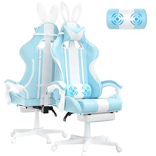 Ferghana Kawaii Light Blue Gaming Chair with Bunny Ears, Ergonomic Cute Gamer Chair with Footrest and Massage, Racing Reclining Leather Computer Game Chair 250lbs for Girls Adults Teens Kids