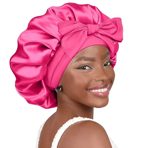 YANIBEST Satin Bonnet Silk Bonnet for Sleeping Double Layer Satin Lined Hair Bonnet with Tie Band for Women Curly Hair - Large - Hot Pink