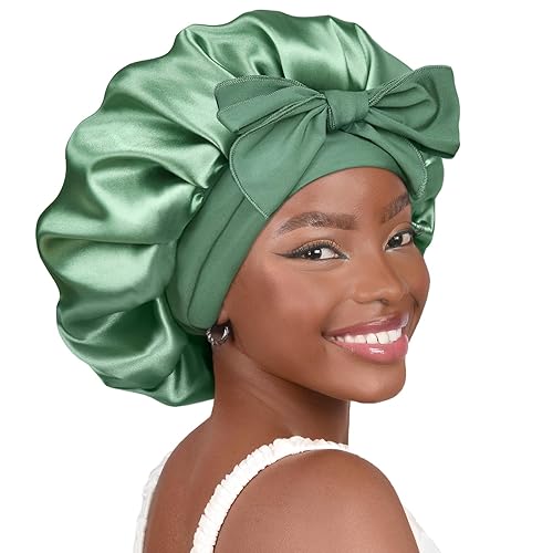 YANIBEST Satin Bonnet Silk Bonnet for Sleeping Double Layer Satin Lined Hair Bonnet with Tie Band for Women Curly Hair - Large - Sage