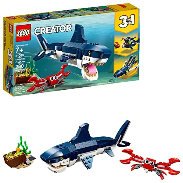 LEGO Creator 3 in 1 Deep Sea Creatures, Transforms from Shark and Crab to Squid to Angler Fish, Sea Animal Toys, Gifts for 7 Plus Year Old Girls and Boys, 31088