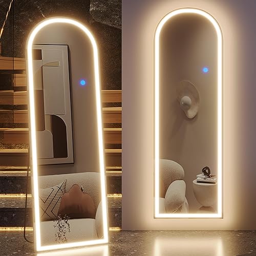ZKIODV Arched LED Full Length Mirror, Standing Full Body Mirror with Lights, Arch Floor Mirror, Large Wall Mounted Mirror, Stand Up Mirror for Bedroom, Living Room, Light Up Mirror (White 160 x 50 cm) - Arch White - 63L x 20W inches