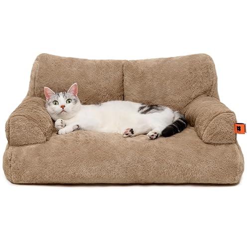 MEWOOFUN Cat Couch Bed for Indoor Cats, Washable Small Dog Beds for Medium Small Dogs & Cats up to 25 lbs, Fluffy Pet Beds with Non-Slip Bottom, 26×19×13 Inch (Camel) - Camel