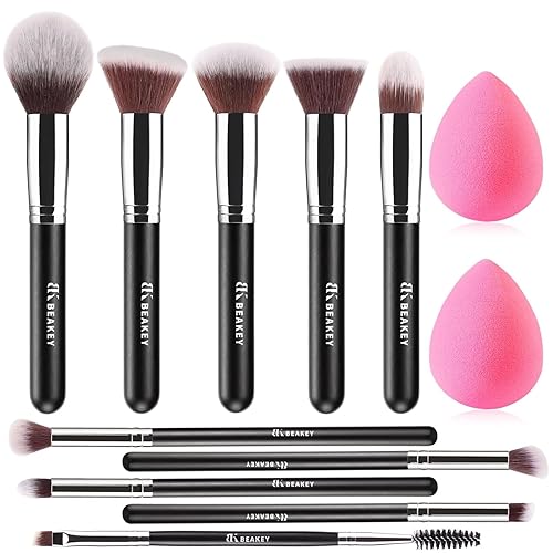 BEAKEY Makeup Brushes Set, Professional Foundation Eyeshadow Concealer Blush Powder Bronzer Applicator, 2 Blender Sponge with Beauty Paper Case - Black/Silver