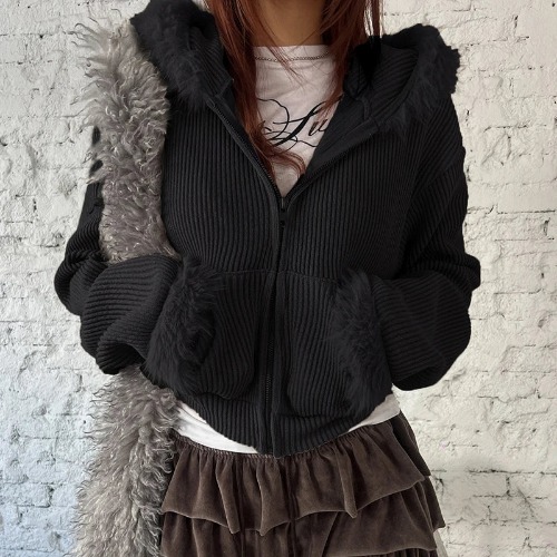 Grunge Goth Black Faux Fur Trim Jacket - Black / S