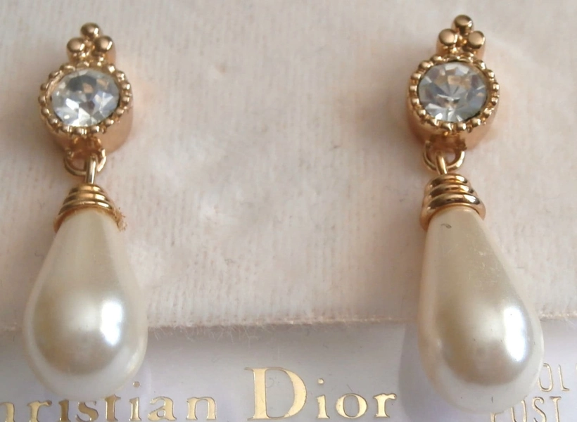 Christian Dior Pearl & Crystal Earrings with 14 kt gold Posts