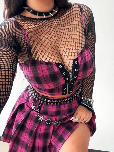 Whyspr Grunge Punk Plus Size Women Summer Punk Plaid Print 2-In-1 Cropped Top & High Waist Pleated Mini Skirt Set
