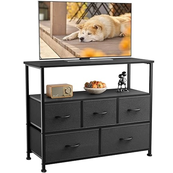 DUMOS TV Stand Dresser for Bedroom with 5 Fabric Drawer,Entertainment Center for 45 inch Television, Media Console Table with Storage, Open Shelf, Adjustable Feet, Living Room Furniture, Blac