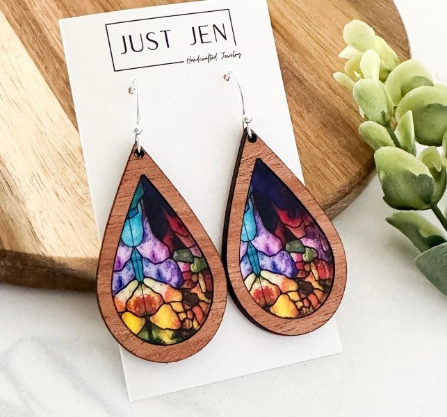 Mosaic Stained Glass Earrings // Teardrop // Wooden // Bright Colorful Statement Earrings // Patterned Acrylic // Gift for Mother’s Day