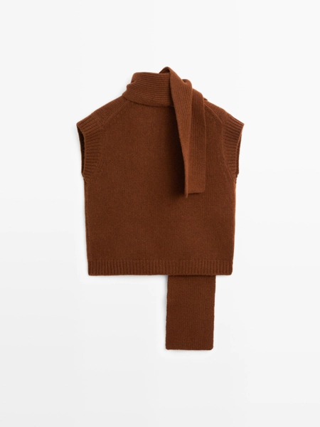 Veste sans manches en maille à col en V et écharpe - MARRON