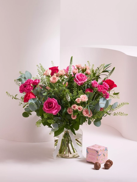 John Lewis Pink Roses Mixed Hand Tied Bouquet, Vase & Chocolates