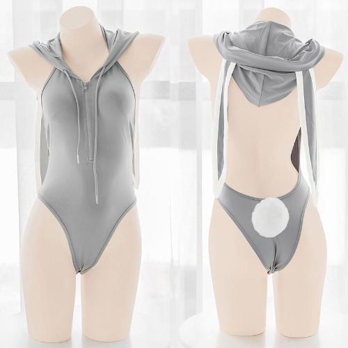 Bunny Ears Zipper Hooded Lingerie Set