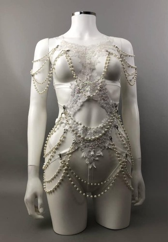 IMMORTALIA - White Lace & Pearl String Bodycage | UK 6-8