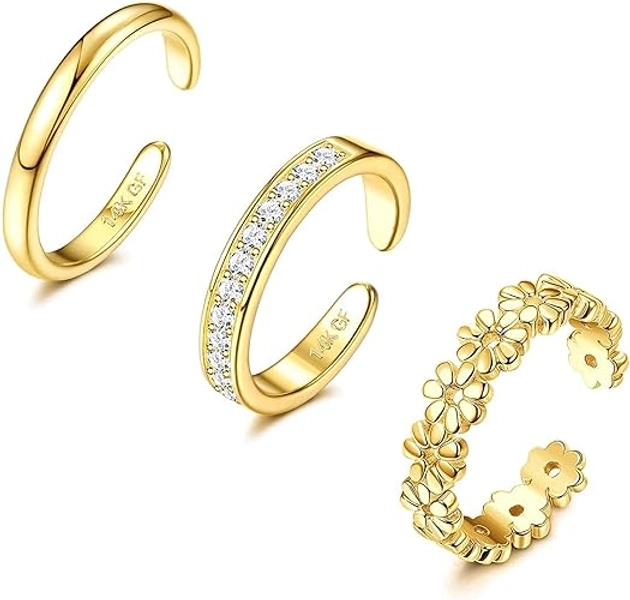 Adramata 3PCS 14K Gold Filled Toe Rings for Women Adjustable Gold Toe Ring Set Open Band Simple CZ Daisy Flower Toe Rings Hawaiian Summer Beach Foot Jewelry for Women