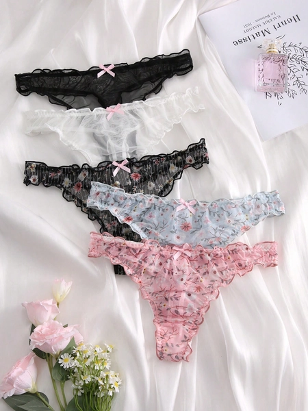 5packs Floral Lace Bow Decor Sexy Thongs Lingerie
