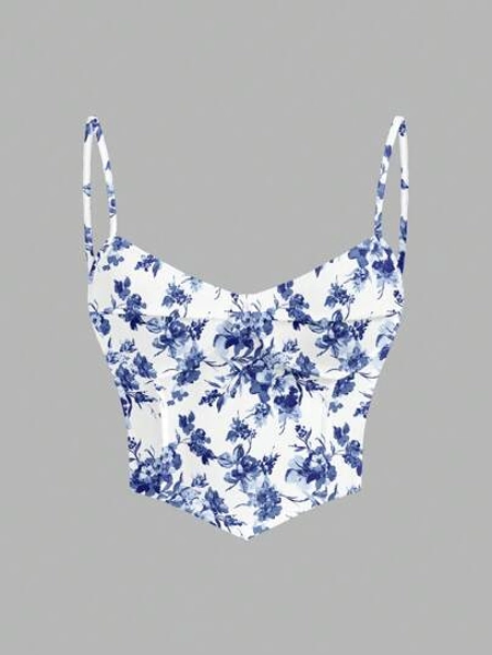 SHEIN EZwear Women Casual Asymmetrical Hem Spaghetti Strap Tight Cropped Camisole Tank Top, Blue Floral Pattern, Suitable For Summer