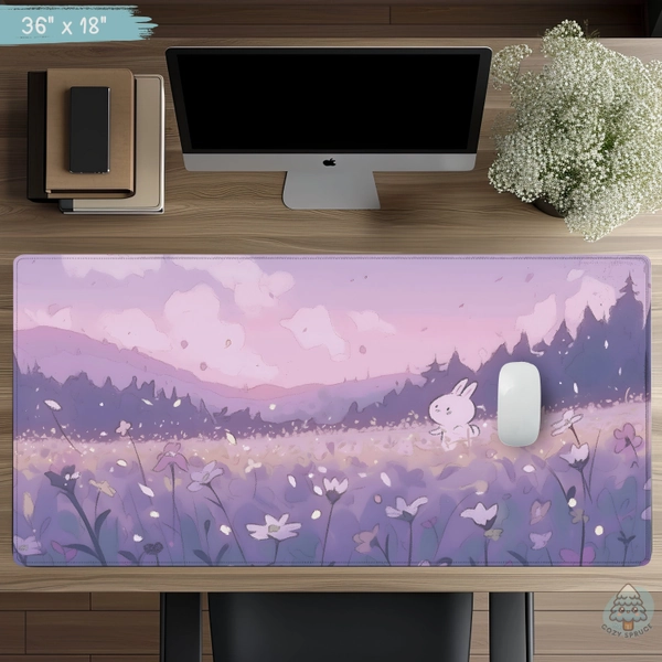 Aesthetic Bunny Desk Mat - Lavender Purple Aesthetic Flower Field, Nature Mouse Pad, TCG Playmat, Gift for Cozy Gamer