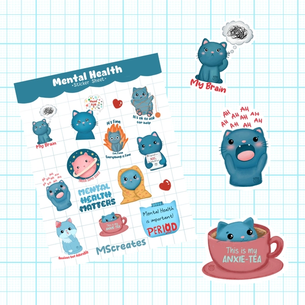 Mental Health Matters Cat Sticker Sheet| Kiss-cut| Anxiety| Vinyl paper| Self-care| Cute| Self-love| Bullet journal planner scrapbook