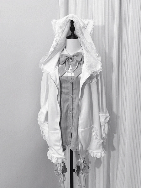 [$65.00]Jirai Kei Kitty Tail at Back Kitty Ears Hood White Lace Trim Jacket Bowknot Cuffs