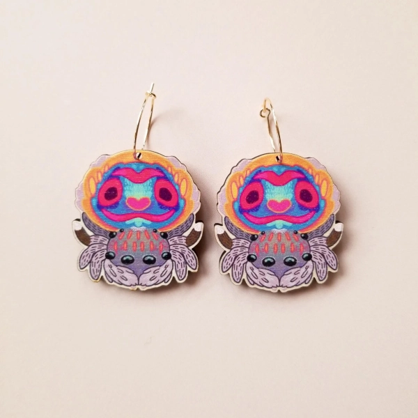Bold Colourful Jumping Spider Statement Earrings ~ quirky weird nature jewellery, handmade funky maximalist lesbian earrings