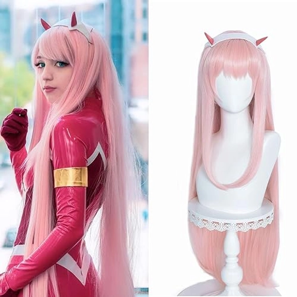 LABEAUTÉ Pink Wig Pastel Pink Wig for Women Long Straight Hot Pink Anime Cosplay Wig with Horn-39 Inch