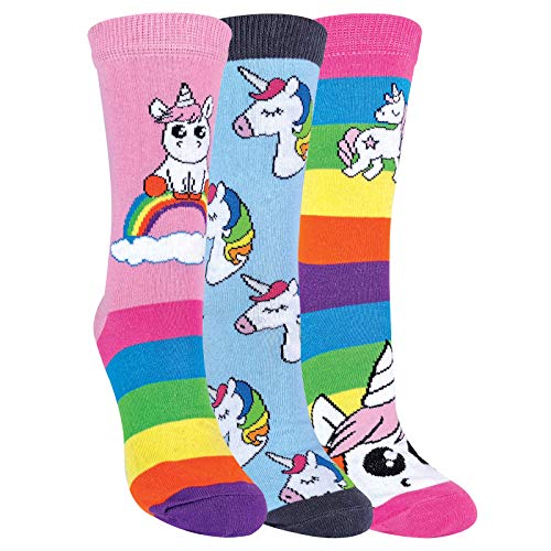 Gestreifte Regenbogen-Einhorn-Socken für Frauen | Damen Neuheit Baumwolle Rich Socken | 3er Pack - 37-40 - Einhorn