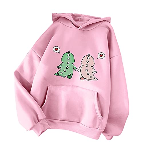Kawaii Hoodie Damen Pullover Niedliche Dinosaurier Kapuzenpullover Casual Langarm Sweatshirt mit Kapuze Tasche Teenager Mädchen Herbst Winter Lässig Outerwear Pulli Oberteile Tops Shirt - XXL - Z12 Rosa