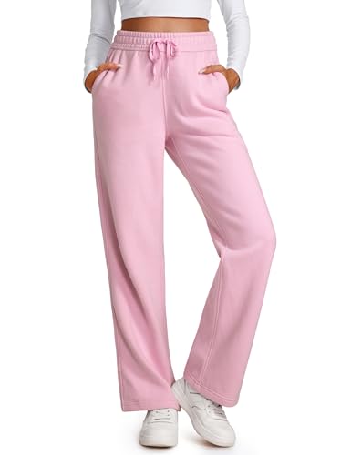 CRZ YOGA Damen Jogginghose Gefütterte Baumwolle Joggers Soft Freizeithose Winter Lounge Hosen mit Taschen - 42 - Rosa Pfingstrose