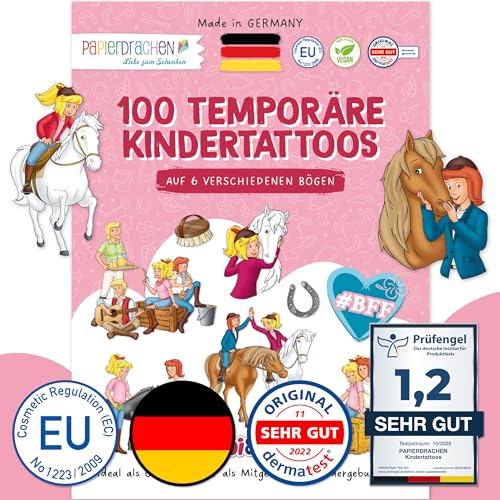 Papierdrachen 100 Tattoos für Kinder - Hautfreundliche Kindertattoos Bibi & Tina - kindgerechte Designs - als Mitgebsel oder Geschenkidee - 100% vegan & dermatologisch geprüft - Bibi und Tina