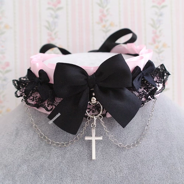 Cross Pendant Goth Style Kitten Pet Play Collar Gear ,Choker Necklace Baby Pink Black Lace Ruffles Chain Bow Tug Proof  Gothic