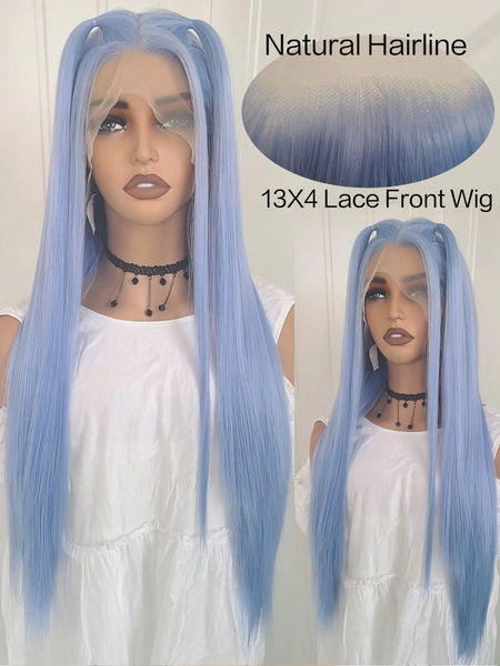 Perücke in Hellblau, lang und gerade, Himmelblaue Lace-Front-Synthetikperücke, vorgezupfter natürlicher Haaransatz für Frauen, hitzebeständige Faser für Cosplay und den täglichen Gebrauch