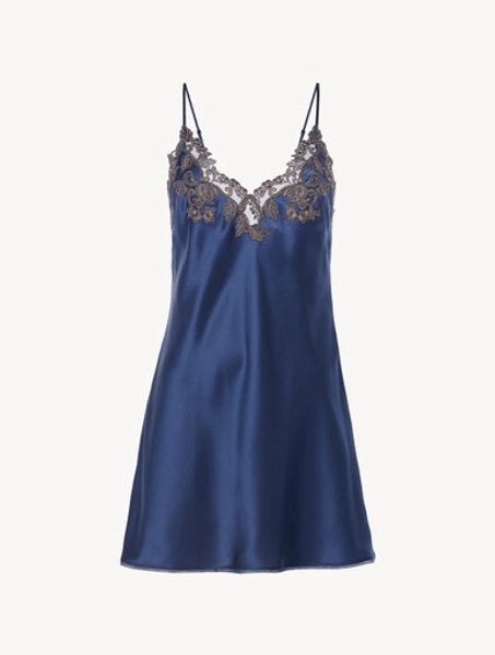 Blue silk slip dress with frastaglio