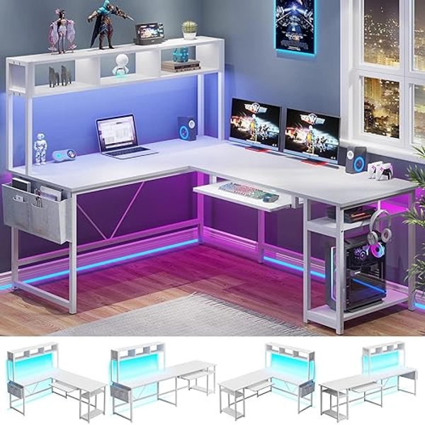 SEDETA L Shaped Gaming Desk, Reversible 94.5” Office Desk, L Shaped Desk with Led Lights, Keyboard Tray and Storage Bag for Home Office, White