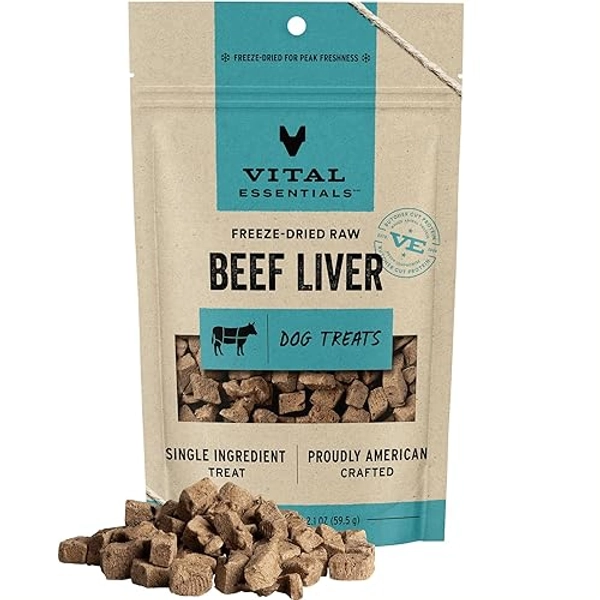 Vital Essentials Freeze Dried Raw Single Ingredient Dog Treats, Beef Liver, 2.1 oz | Premium Quality High Protein Training Treats | Grain Free, Gluten Free, Filler Free