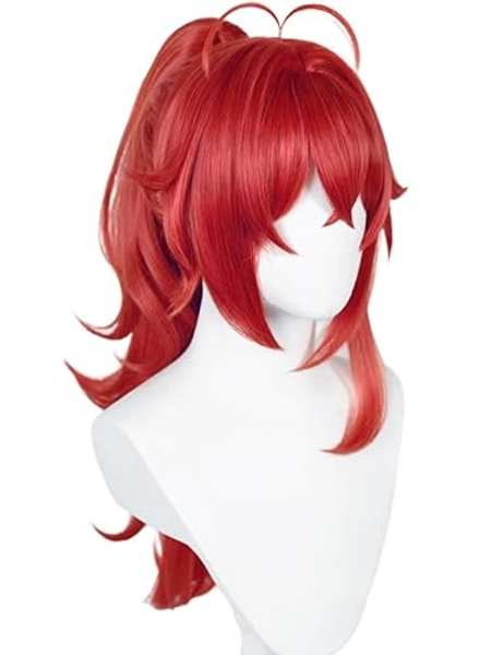 Diluc Cosplay Wig Long Curly Red Ponytail Wig with Bangs Anime Red Pigtail Costume Wigs for Women Unisex Halloween Party - Diluc+Ponytail