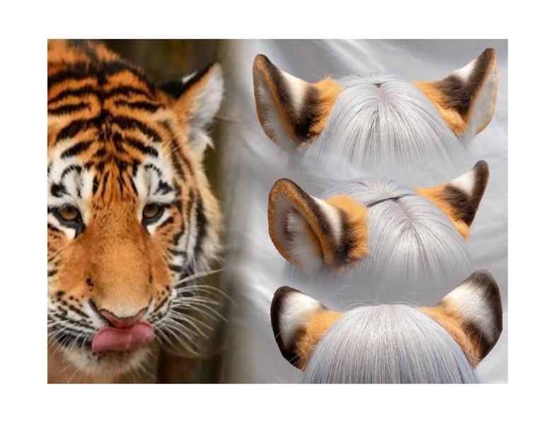 Handmade Yellow Black Tiger Ears Hairband Headband Hairclips Furry Faux Fur Cosplay Tiger Ears Costume Halloween Party Animal Fursuit