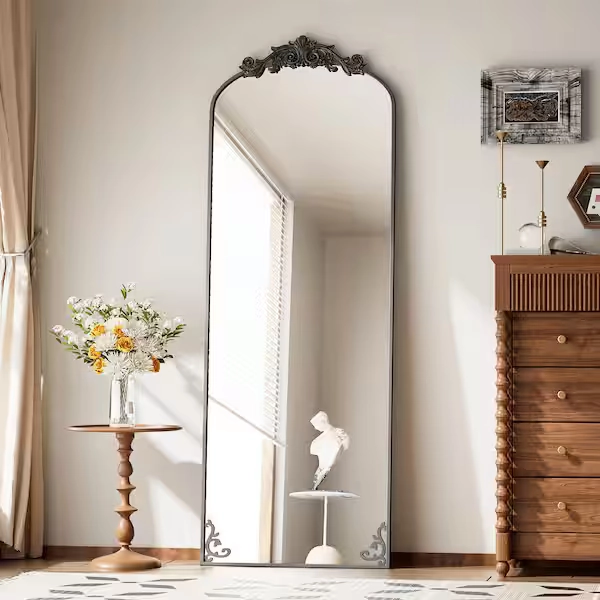 Arched Black Metal Framed with Carved Decoration Full Length Mirror