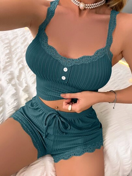 Contrast Lace Button Front Crop Cami Top & Shorts PJ Set / Pajama Set Lounge Set
