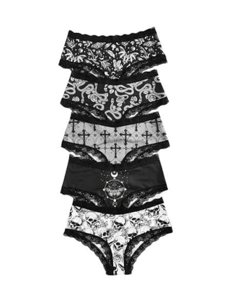 MakeMeChic Women's 5 Pack Gothic Floral Lace Briefs Graphic Print Scallop Trim Panty Underwear