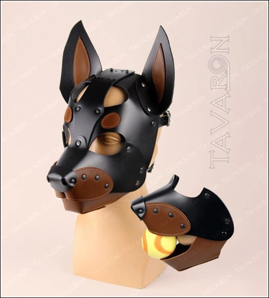 Leren dobermanmasker, leren hondenmasker, leren puppykap, bewegend kaakmasker, scharnierend kaakmasker