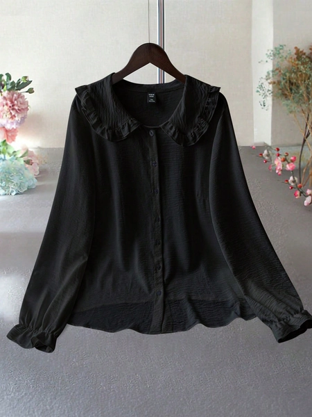 SHEIN LUNE Plus Size Women Spring Autumn Solid Color Peter Pan Collar Loose Cute Shirt